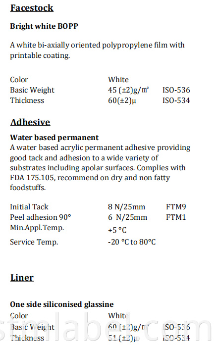 Bright White Bopp Tc Water Based Permanent White Glassine